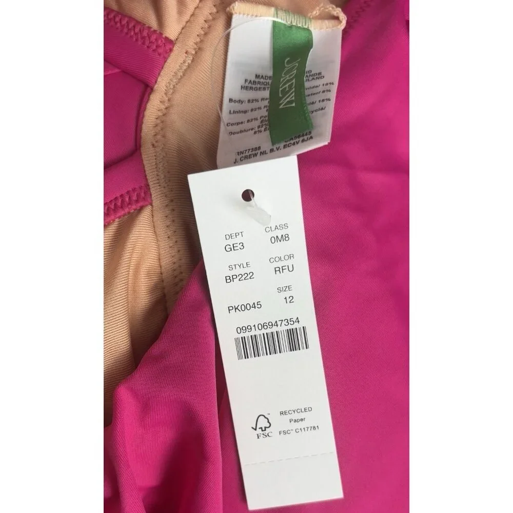 NEW J.‎ Crew Ruched Deep V Plunge Ruffle One Piece Swimsuit Sz 12 Pink 1462